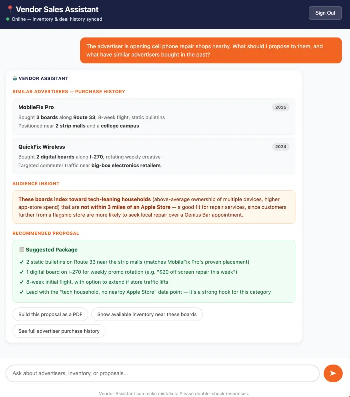 Vendor sales assistant chatbot with proposal recommendations