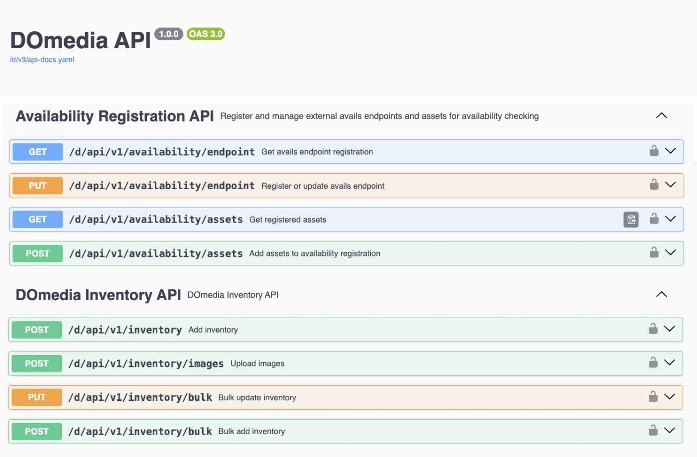DOmedia API documentation listing availability registration and inventory endpoints