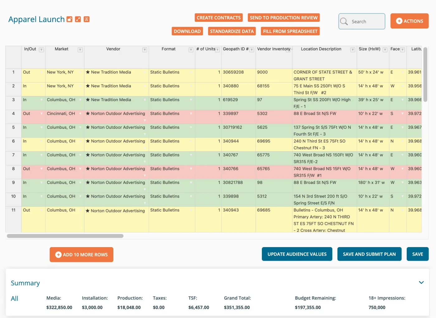 DOmedia RFP plan grid showing vendor availability responses color-coded by in/out status